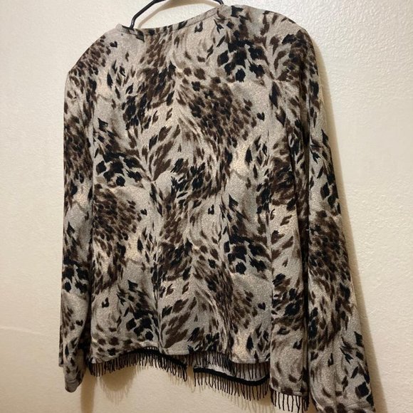 Vintage K Woman Women's Abstract Animal Print Beaded Fringe Cardigan Size 22W - Picture 2 of 6